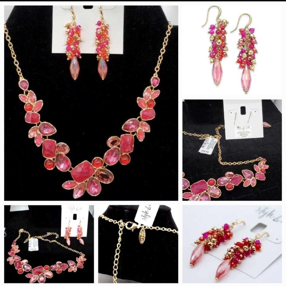 Style & Co Statement Necklace Pink Multi Faux Stone Gold-tone 18"& Earrings Set